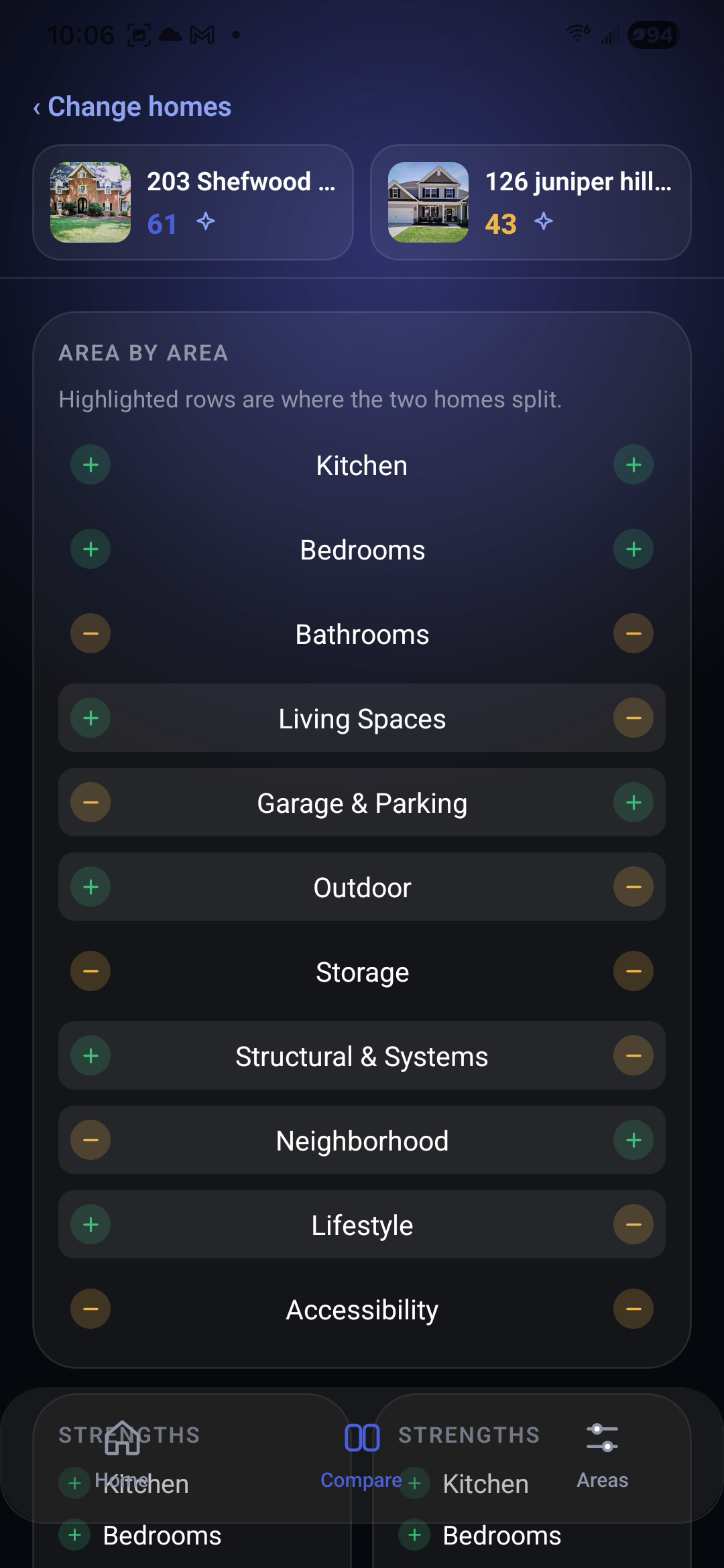 ShowingScore compare homes screen