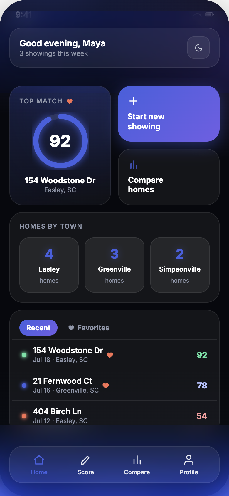 ShowingScore home dashboard listing scored homes